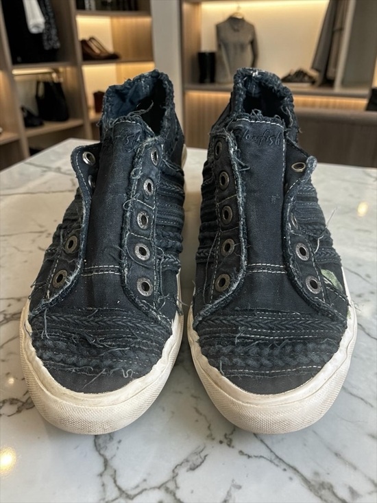 Blowfish Malibu Shoes - Frayed Black Slip-On Women's Sneakers with White Sole